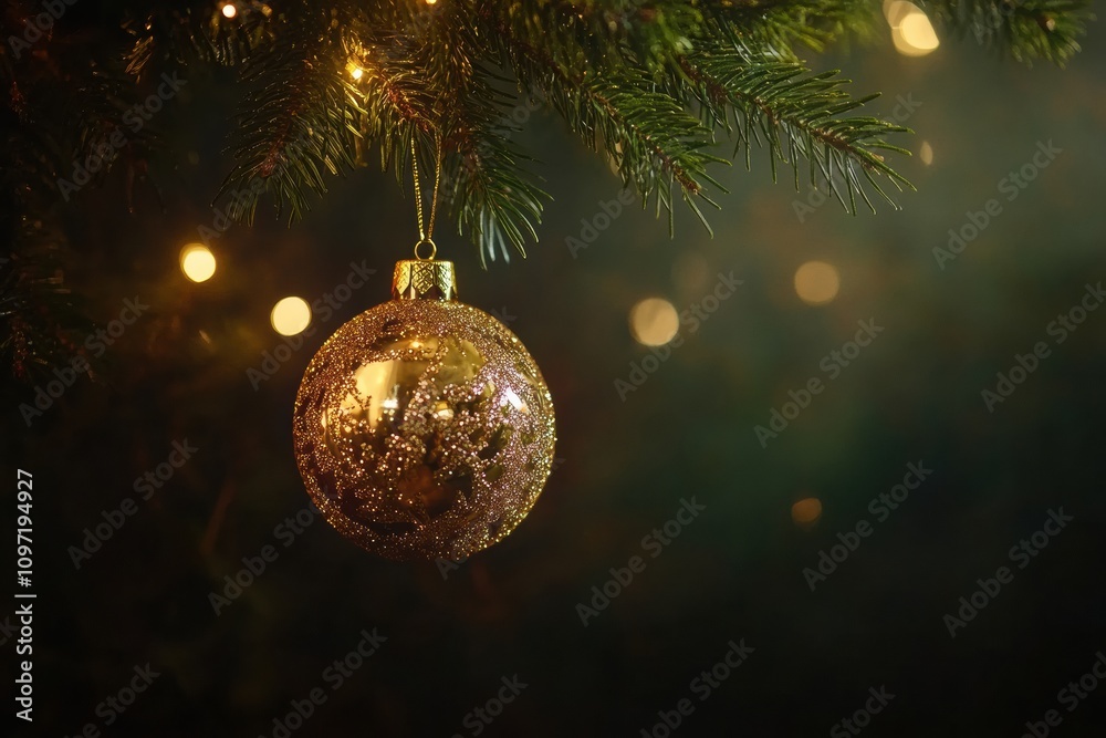 A shimmering golden ornament is suspended from a pine branch, surrounded by soft glowing lights, creating a warm holiday atmosphere. Generative AI A shimmering golden ornament is suspended from a pine branch, surrounded by soft glowing lights, creating a warm holiday atmosphere. Generative AI