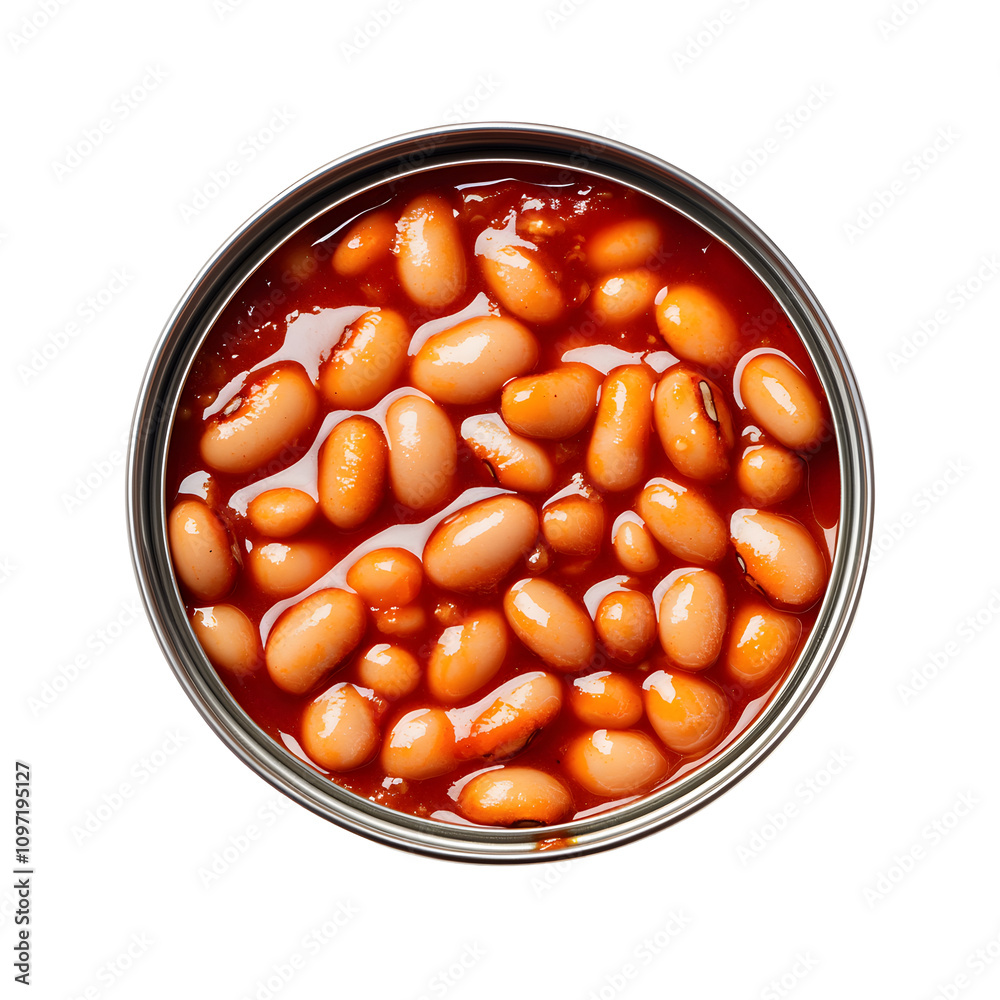 A can of baked beans in tomato sauce, showcasing the food's texture and color. A can of baked beans in tomato sauce, showcasing the food's texture and color.