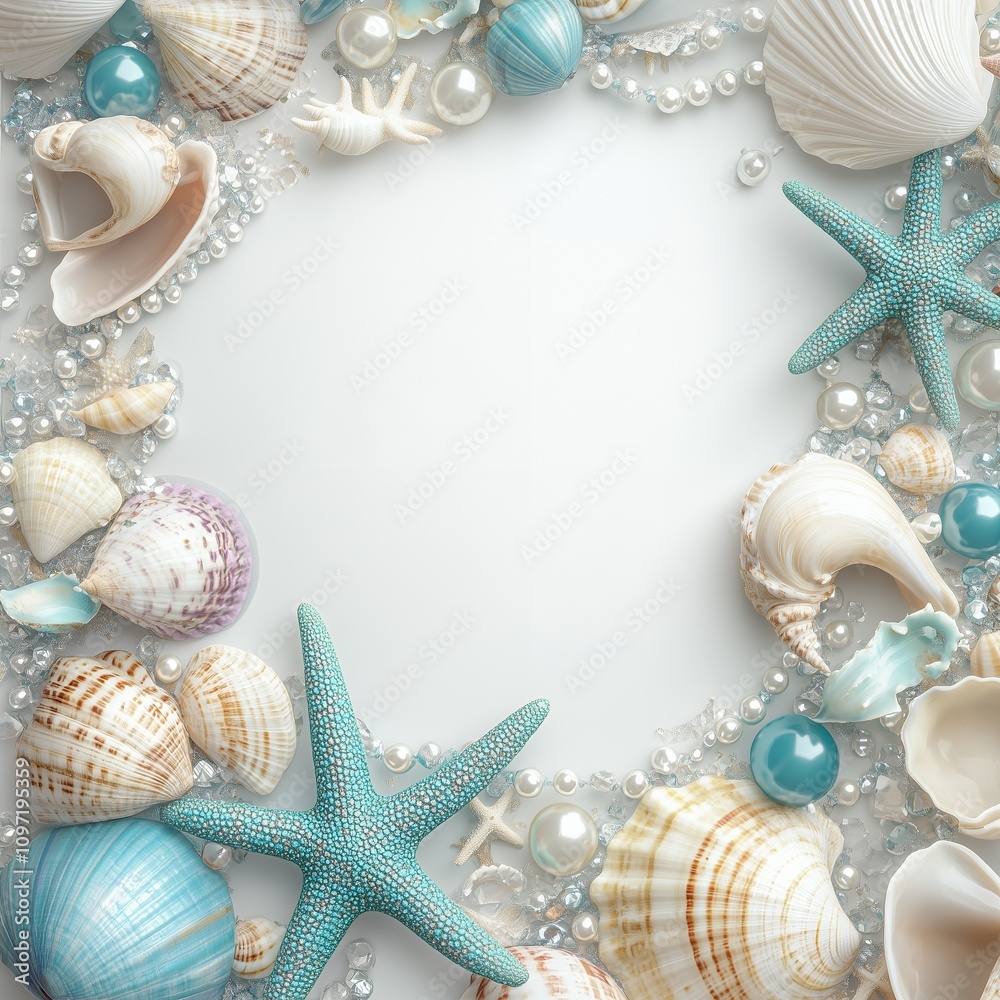 coastal christmas beach frame with turquoise and white seashells, pearls and ornaments on white background, nautical holiday border with starfish and shells