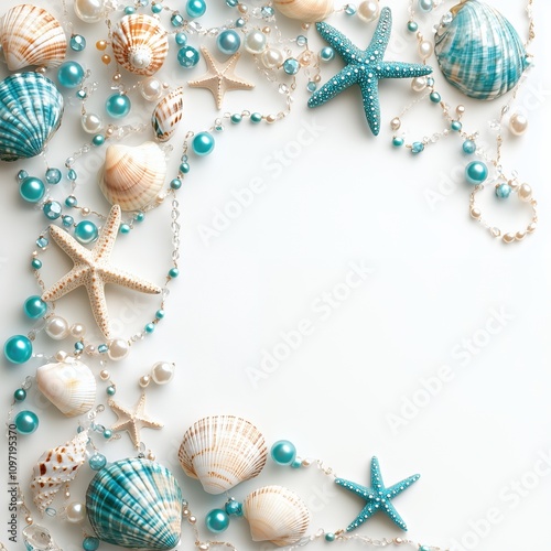 coastal christmas beach frame with turquoise and white seashells, pearls and ornaments on white background, nautical holiday border with starfish and shells