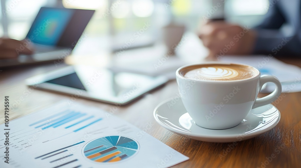 Cozy Coffee Break in Modern Office with Business Documents and Digital Tablet on Wooden Table Cozy Coffee Break in Modern Office with Business Documents and Digital Tablet on Wooden Table