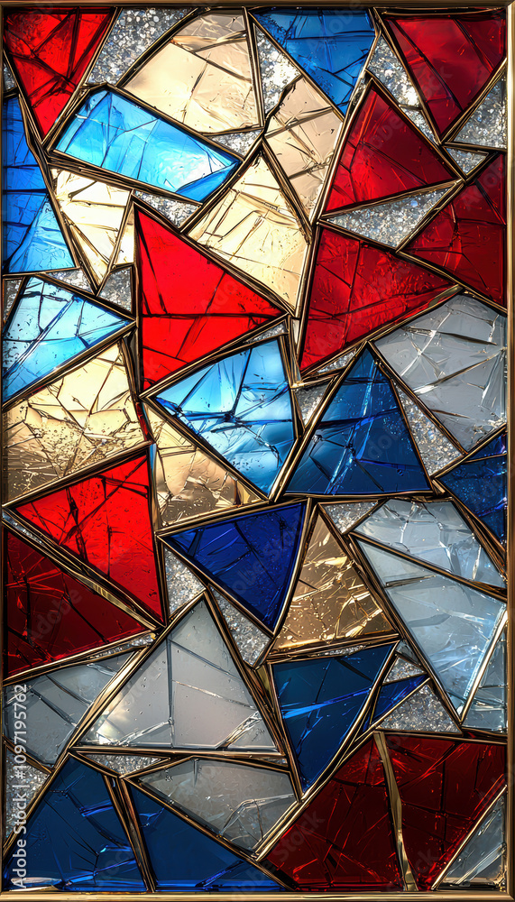 Stained glass artwork with bold, colourful triangular patterns.