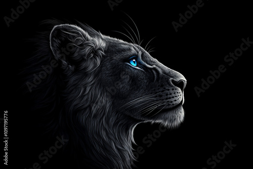 Striking Portrait of a White Lion with Blue Eyes on a Black Background, Capturing Majesty, Strength, and Elegance in Monochrome Wildlife Photography