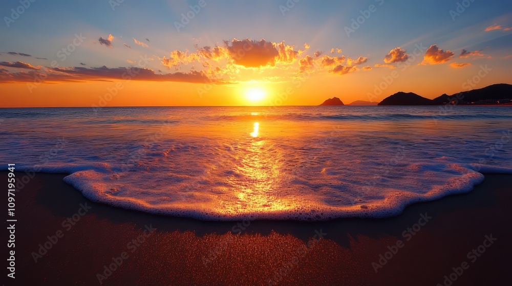 Obraz premium The sun is setting over the ocean, casting a warm glow on the water