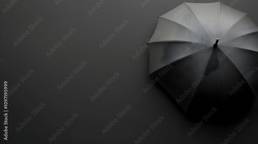 A closed white umbrella on a dark grey background, viewed from above.