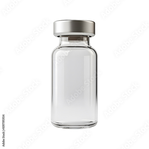 A clear glass vial with a metal cap, typically used for storing liquids or medications.