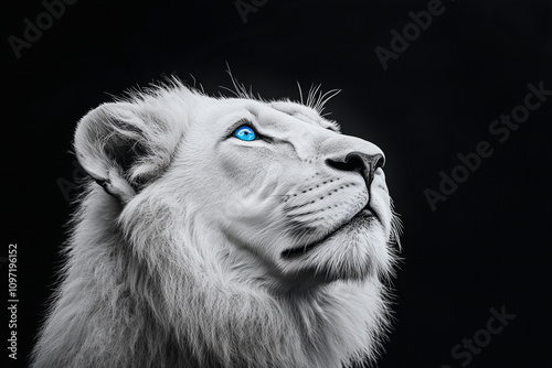 Striking Portrait of a White Lion with Blue Eyes on a Black Background, Capturing Majesty, Strength, and Elegance in Monochrome Wildlife Photography photo