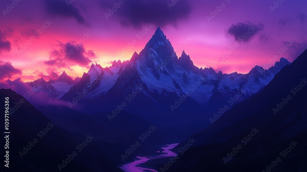 Majestic mountain landscape at sunset with vibrant colors and a river.