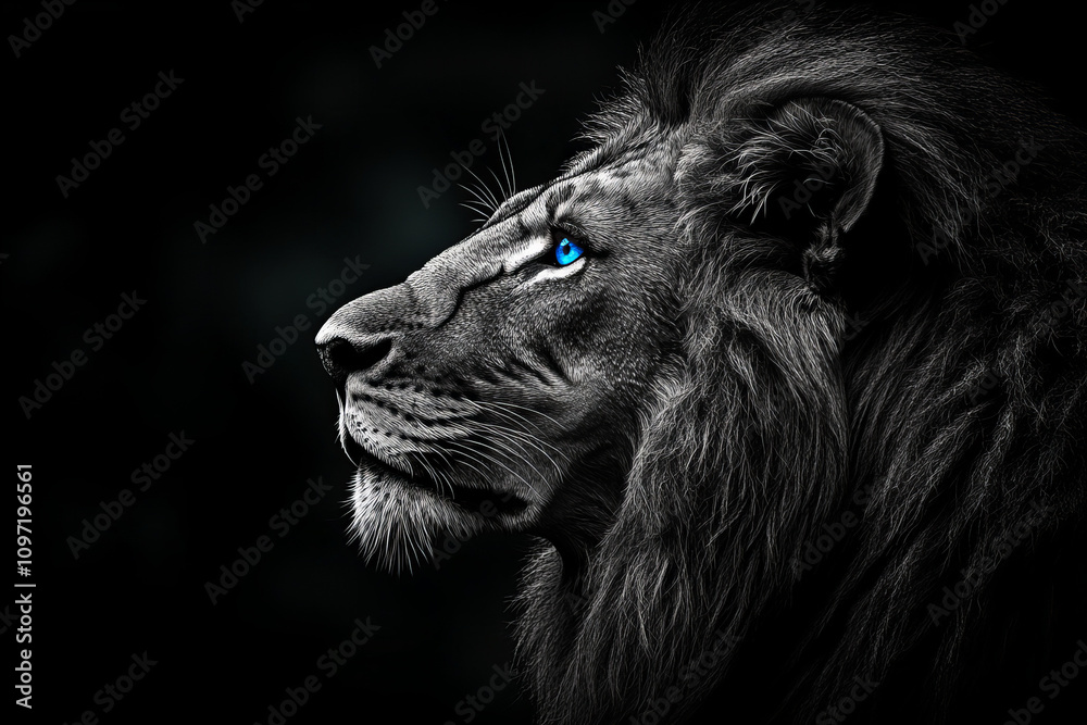 Naklejka premium Striking Portrait of a White Lion with Blue Eyes on a Black Background, Capturing Majesty, Strength, and Elegance in Monochrome Wildlife Photography