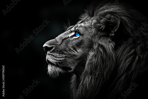 Striking Portrait of a White Lion with Blue Eyes on a Black Background, Capturing Majesty, Strength, and Elegance in Monochrome Wildlife Photography