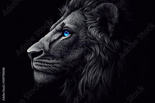 Striking Portrait of a White Lion with Blue Eyes on a Black Background, Capturing Majesty, Strength, and Elegance in Monochrome Wildlife Photography