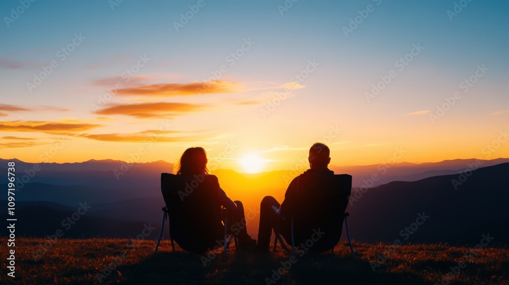 A couple is sitting on a hillside and watching the sun set A couple is sitting on a hillside and watching the sun set