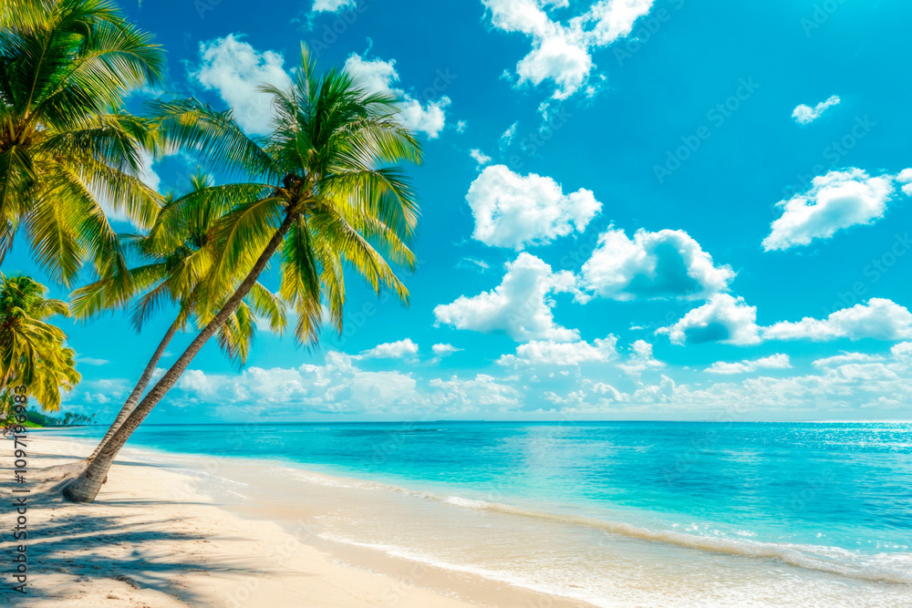 Stunning tropical landscape, pristine beach with light golden sand, palm trees and vibrant turquoise water under bright blue sky with scattered clouds. Scene with summer vibe, idyllic paradise getaway Stunning tropical landscape, pristine beach with light golden sand, palm trees and vibrant turquoise water under bright blue sky with scattered clouds. Scene with summer vibe, idyllic paradise getaway