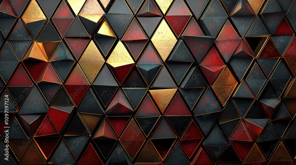 Layered triangular patterns in red, black, and gold with an industrial finish. Layered triangular patterns in red, black, and gold with an industrial finish.
