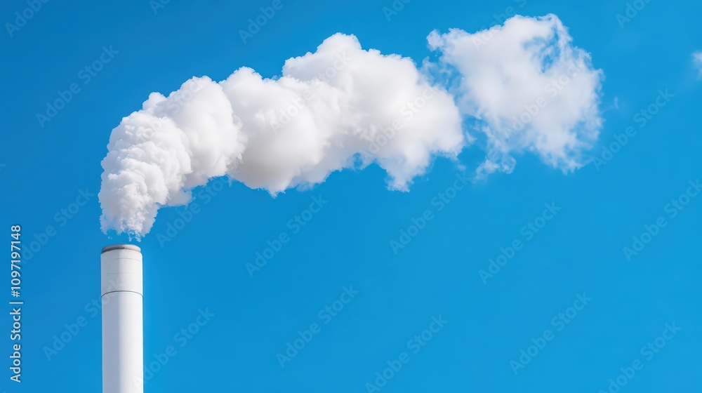 A tall white smoke stack is spewing smoke into the sky A tall white smoke stack is spewing smoke into the sky