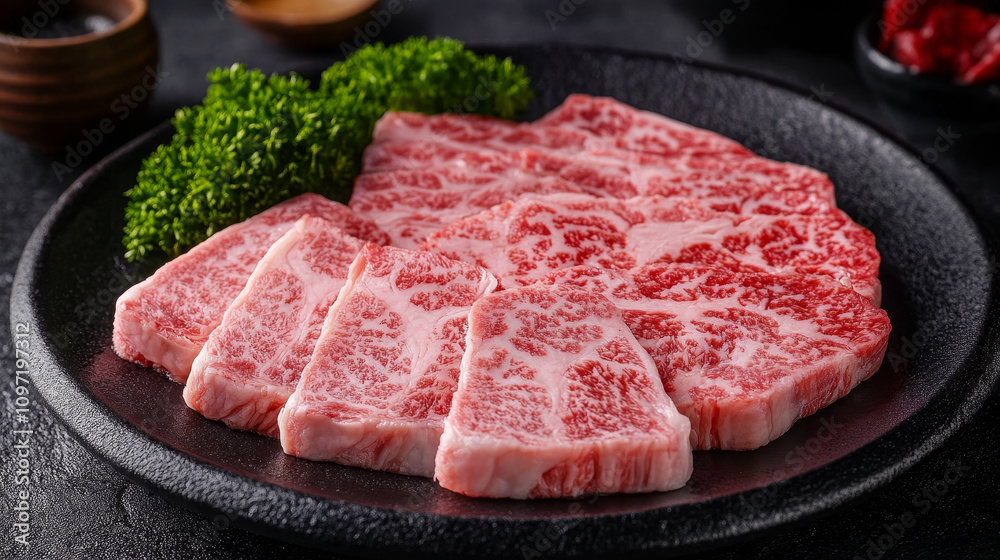 A collection of raw beef cuts, showcasing high-quality Wagyu beef, with marbling visible on the fat. The beef is fresh, with vibrant red and white contrast, highlighting its lean and fatty sections. A collection of raw beef cuts, showcasing high-quality Wagyu beef, with marbling visible on the fat. The beef is fresh, with vibrant red and white contrast, highlighting its lean and fatty sections.
