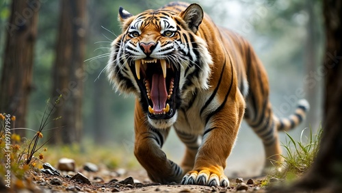 A fierce tiger roars while in mid stride, showcasing vivid orange and black stripes. The blurred forest background features tall trees and scattered rocks. photo