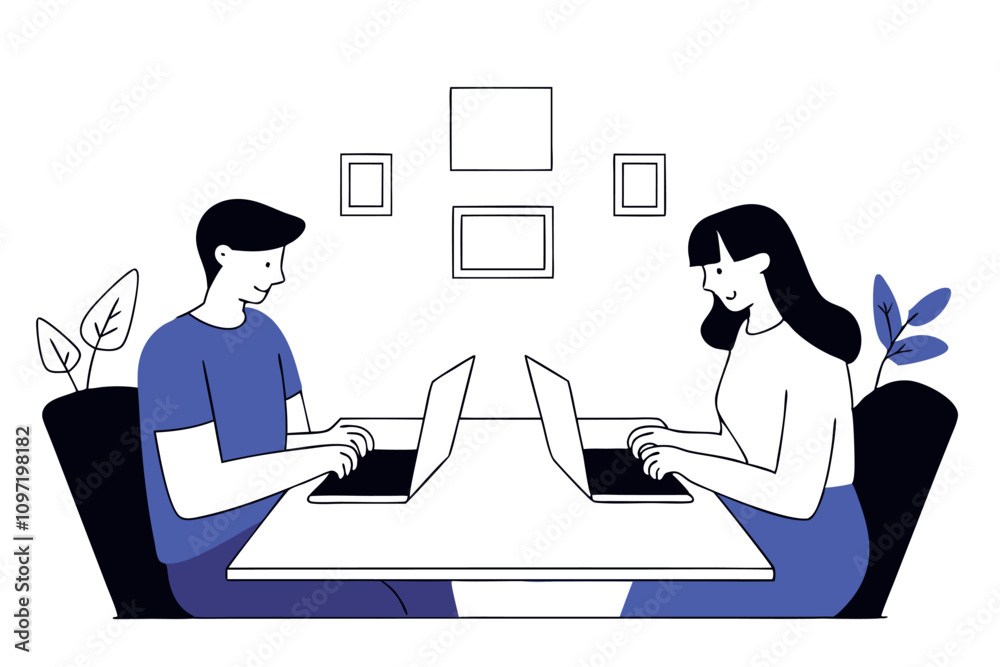 Family working at home using laptops. Freelance work concept. Vector flat illustration Family working at home using laptops. Freelance work concept. Vector flat illustration
