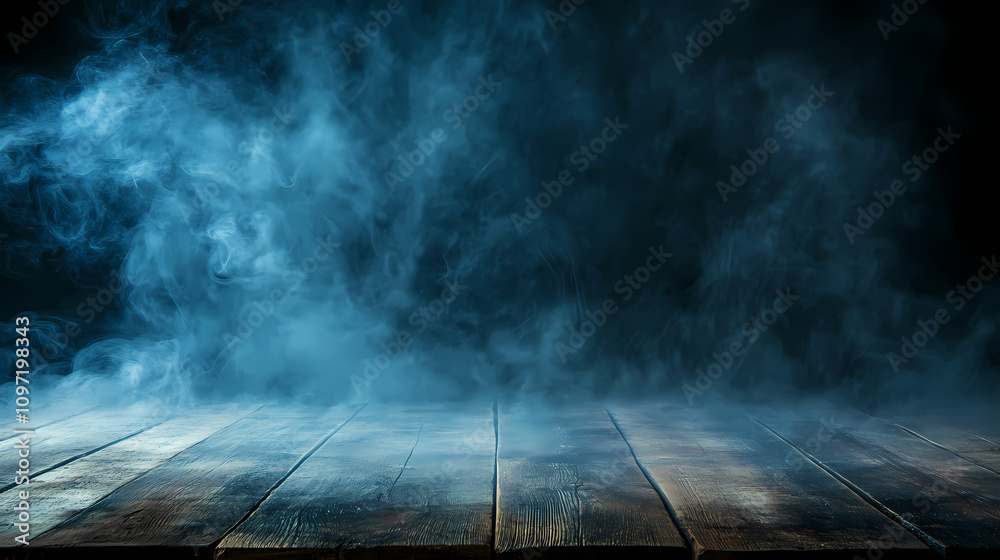Wooden table surface with thick fog or smoke against a dark background. spooky, mysterious, horror, eerie atmosphere, product display, halloween concept. Shadowy Spectral Fog. Illustration Wooden table surface with thick fog or smoke against a dark background. spooky, mysterious, horror, eerie atmosphere, product display, halloween concept. Shadowy Spectral Fog. Illustration