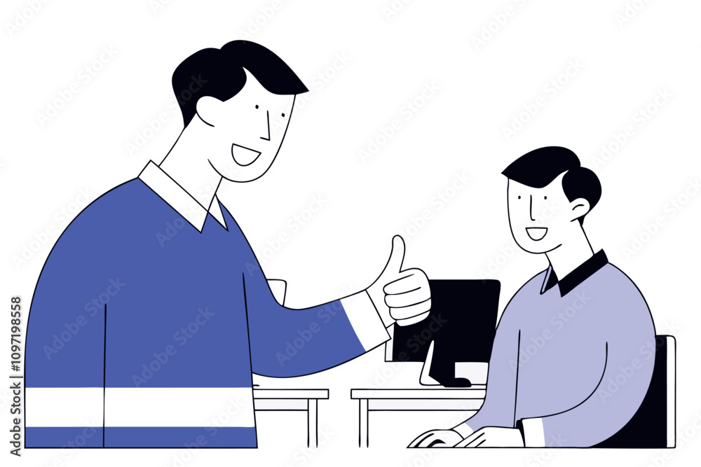 Boss praises his employee by giving a thumbs up. Flat vector illustration Boss praises his employee by giving a thumbs up. Flat vector illustration