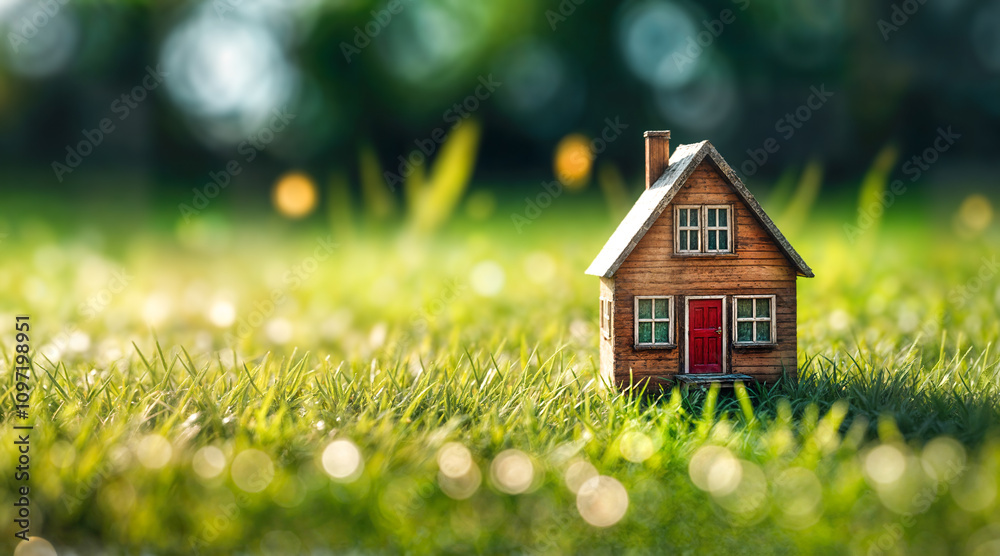 miniature wooden house rests a sunlit grassy field miniature wooden house rests a sunlit grassy field