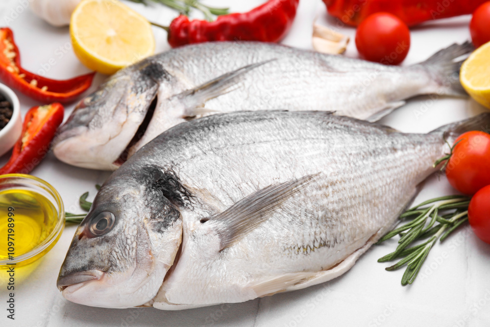 Sea food. Fresh raw fish and products on white tiled table, closeup Sea food. Fresh raw fish and products on white tiled table, closeup