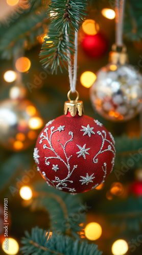 red glass ornament with silver snowflake design