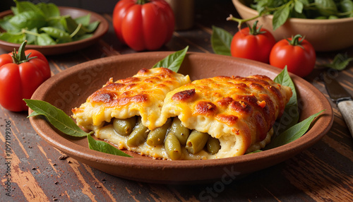 Delicious baked cheese enchiladas with green beans on rustic plate