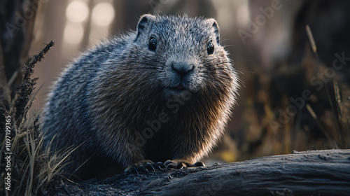 Intently observing rock hyrax perched on a log in its natural environment