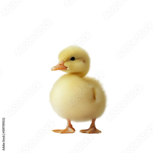 A cute yellow duckling standing upright, showcasing its fluffy feathers and small stature.