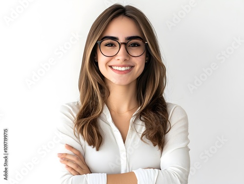 Brunette woman with glasses smiling and posing with crossed arms on white background