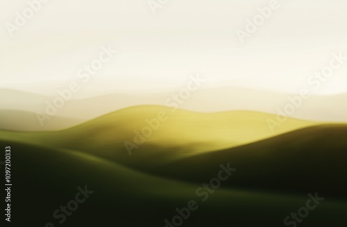 Soft, rolling green hills under a gentle light create a serene, tranquil landscape.