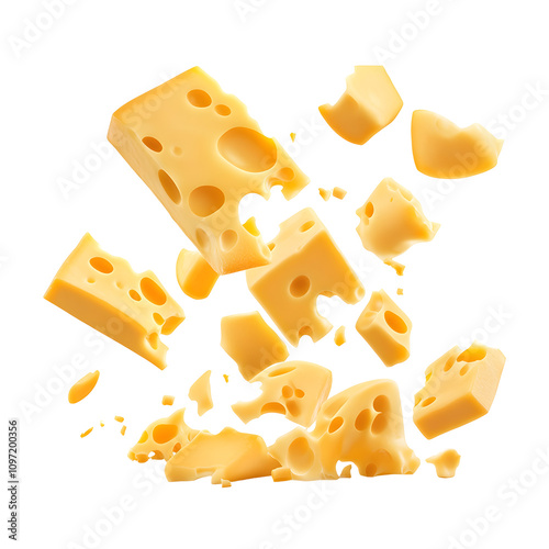 An illustration of scattered cheese pieces, showcasing texture and holes. photo