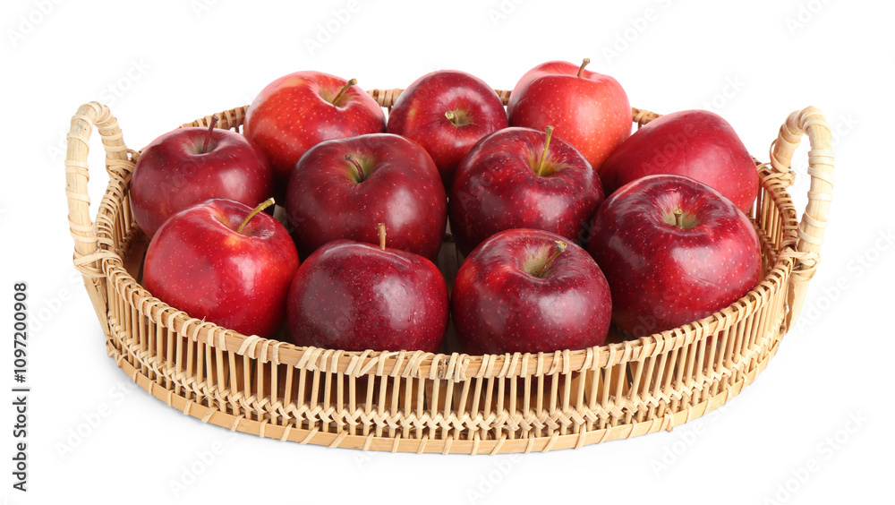 Fresh ripe red apples in wicker tray isolated on white Fresh ripe red apples in wicker tray isolated on white