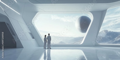 Space inside futuristic showroom, spaceship, hall or studio in perspective view. Modern background design interior of future technology. Generative AI