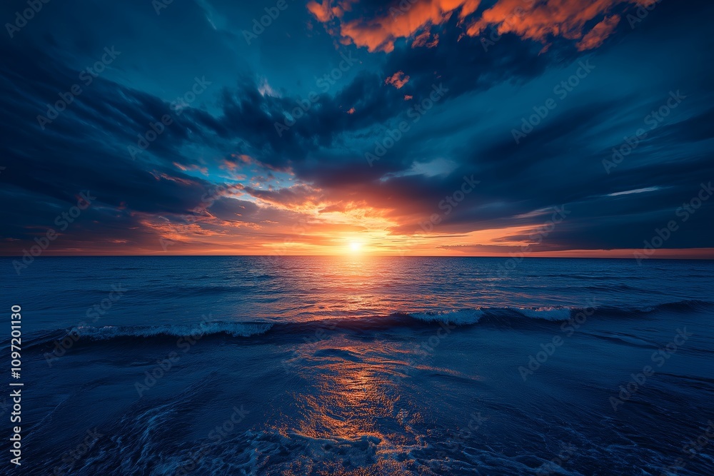 Dramatic incredible sunset sky over beach and sea waves. Generative AI Dramatic incredible sunset sky over beach and sea waves. Generative AI