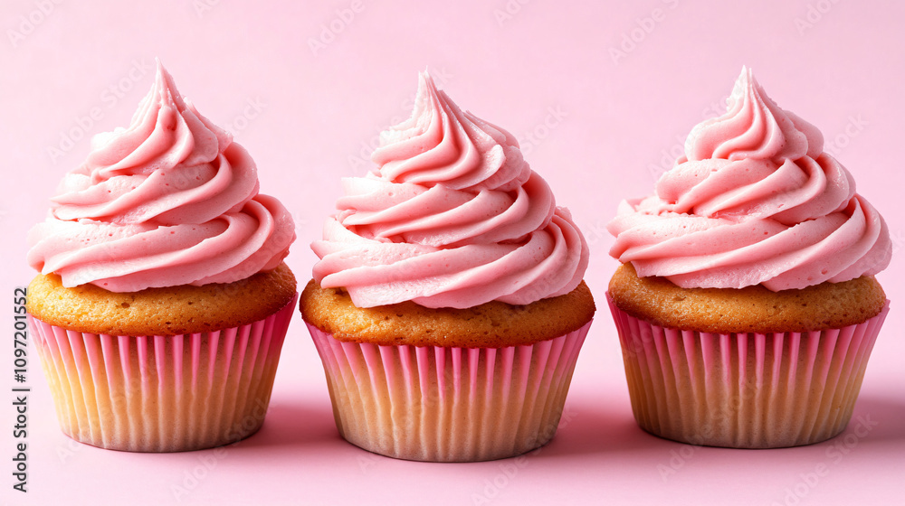 Sweet and visually appealing scene: three cupcakes with pink frosting arranged on a pink background Sweet and visually appealing scene: three cupcakes with pink frosting arranged on a pink background
