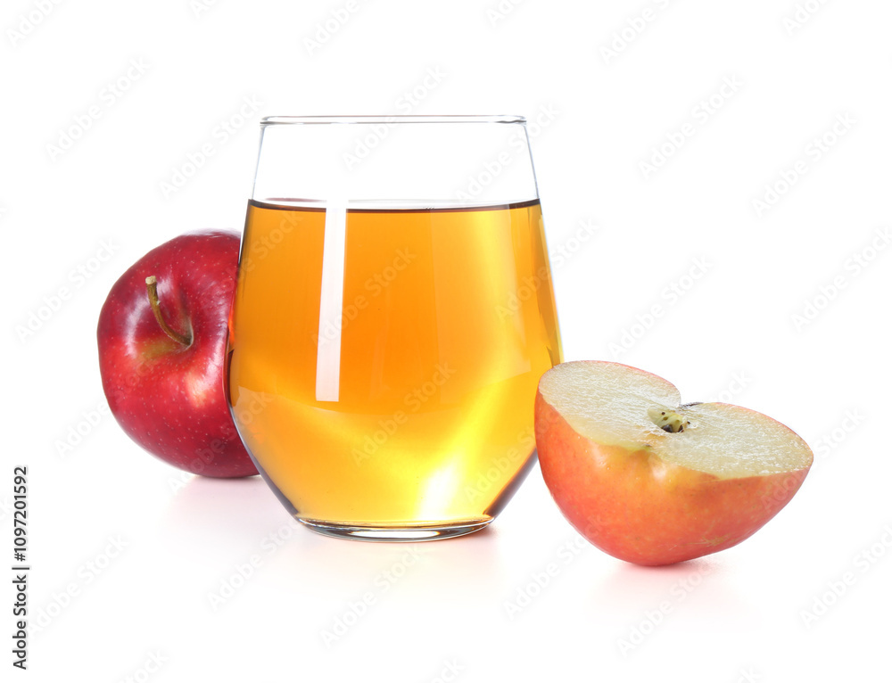 Tasty apple juice in glass and fresh fruits isolated on white Tasty apple juice in glass and fresh fruits isolated on white