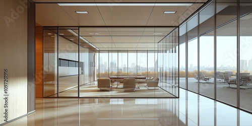 Living or business office area modern interior design with glass walls showcases contemporary furniture and offers a stunning view in window. Generative AI