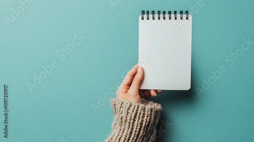 Hand holding a blank notebook against a blue background photo