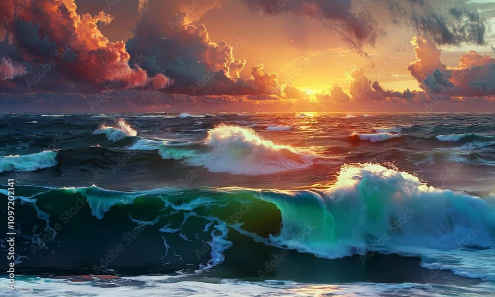 A stormy sea at sunset