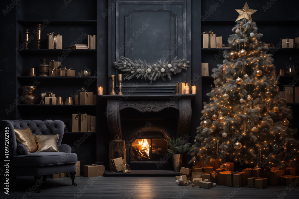 A cozy Christmas living room with a fireplace, decorated tree, and vibrant gifts in a warmly lit atmosphere. Generative AI A cozy Christmas living room with a fireplace, decorated tree, and vibrant gifts in a warmly lit atmosphere. Generative AI