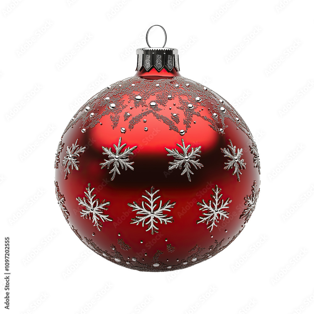 Elegant Red Christmas Ball with Silver Snowflakes on a Transparent Background Elegant Red Christmas Ball with Silver Snowflakes on a Transparent Background