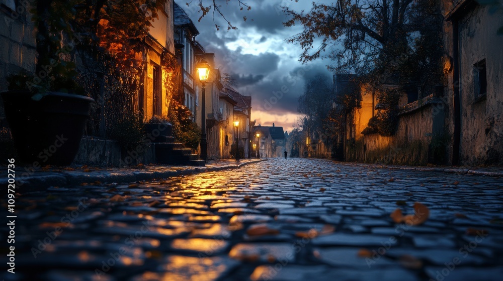 Serene cobblestone street illuminated by warm lights at dusk.