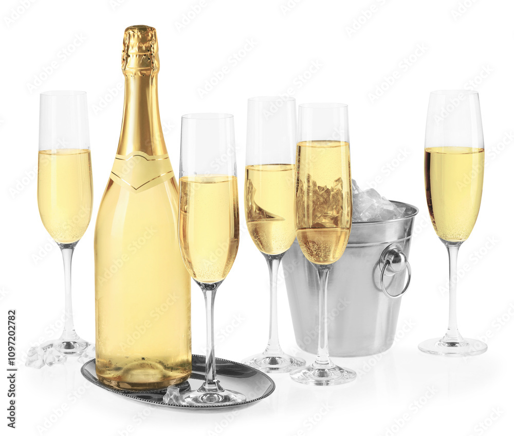 Champagne and bucket with ice isolated on white Champagne and bucket with ice isolated on white