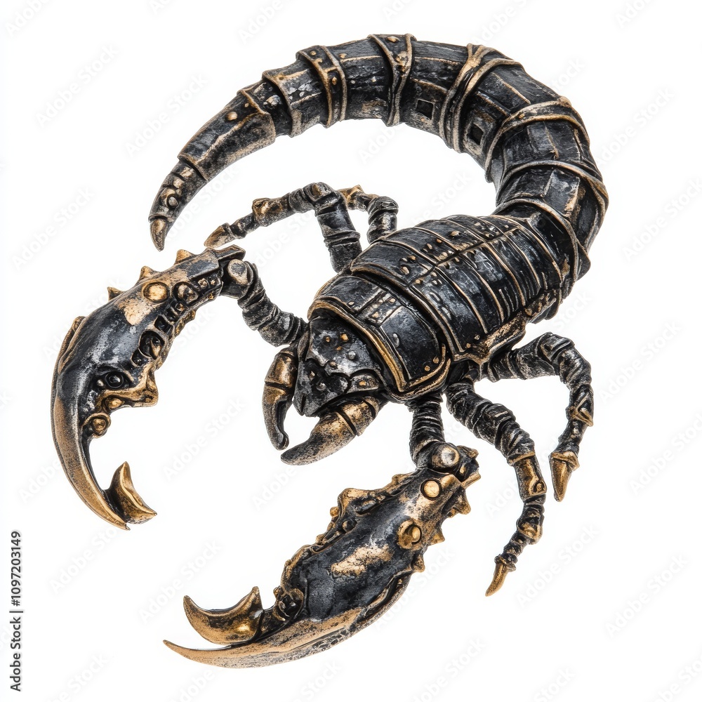 Naklejka premium Scorpion with intricate details and metallic finish, isolated on white
