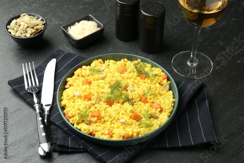 Delicious pumpkin risotto served on black table