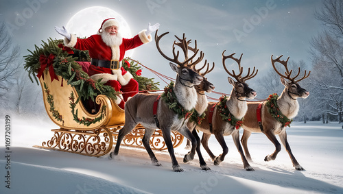 Santa Claus Sleigh Reindeer Christmas Background Winter
