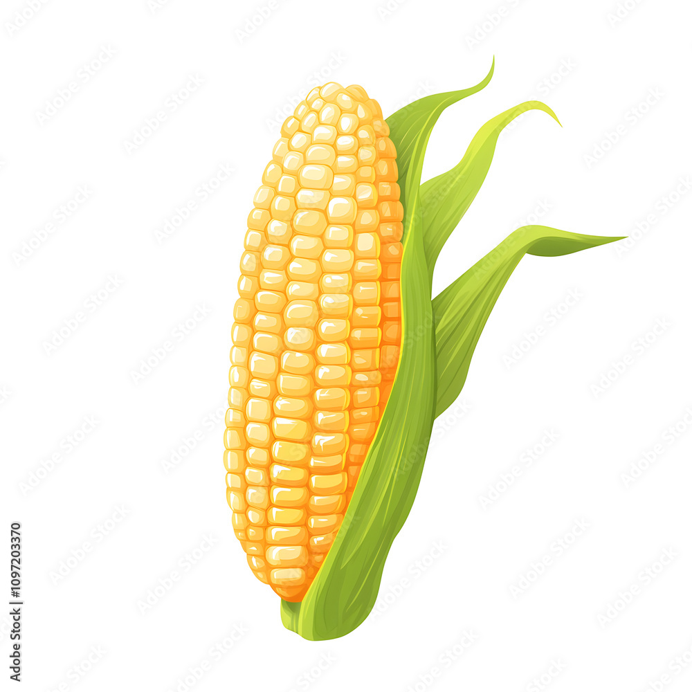 Obraz premium A vibrant illustration of an ear of corn with green husks.