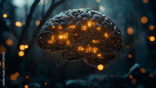 A human brain made of glowing digital connections, representing the power and complexity of artificial intelligence technology on a dark background with bokeh lights